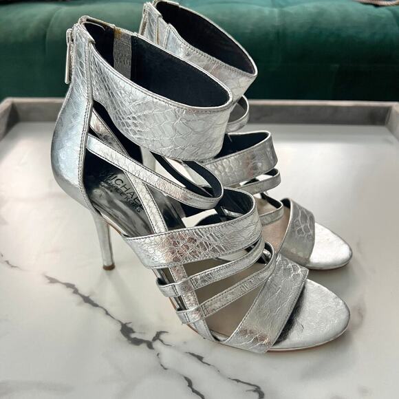 Michael Kors Shiloh Metallic Silver Snakeskin High Heel Sandals Size 9.5 - Picture 2 of 10